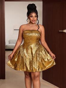 Maweii Party Style Metallic Waist-Cinching A-Line Mini Dress, Sexy Off-Shoulder Sleeveless Slimming Plus Size Dress - Gold - View 4