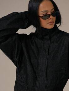 MUSERA Denim High Neck Balloon Sleeve Zip Through Jacket Spring Summer Cute Cosy Cottage Core Spring Dew - Black - View 2