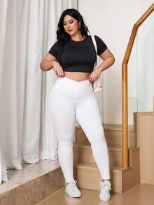 SHEIN Tall CURVE 大尺碼女款純色不對稱腰線休閒緊身褲 - 米色 - 查看 4