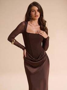 SHEIN BAE فستان سهرة طويل بطول الأرض للخريف والشتاء، بني داكن، بياقة مربعة وتصميم كورسيه مع لوحة شبكية وكشكشة ضيق الجسم وأكمام طويلة، مناسب لعيد الشكر والكريسماس ورأس السنة - بني - مشاهدة 6