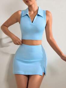 SHEIN 女款純色短版背心與口袋運動裙褲套裝 - 藍色 - 查看 1