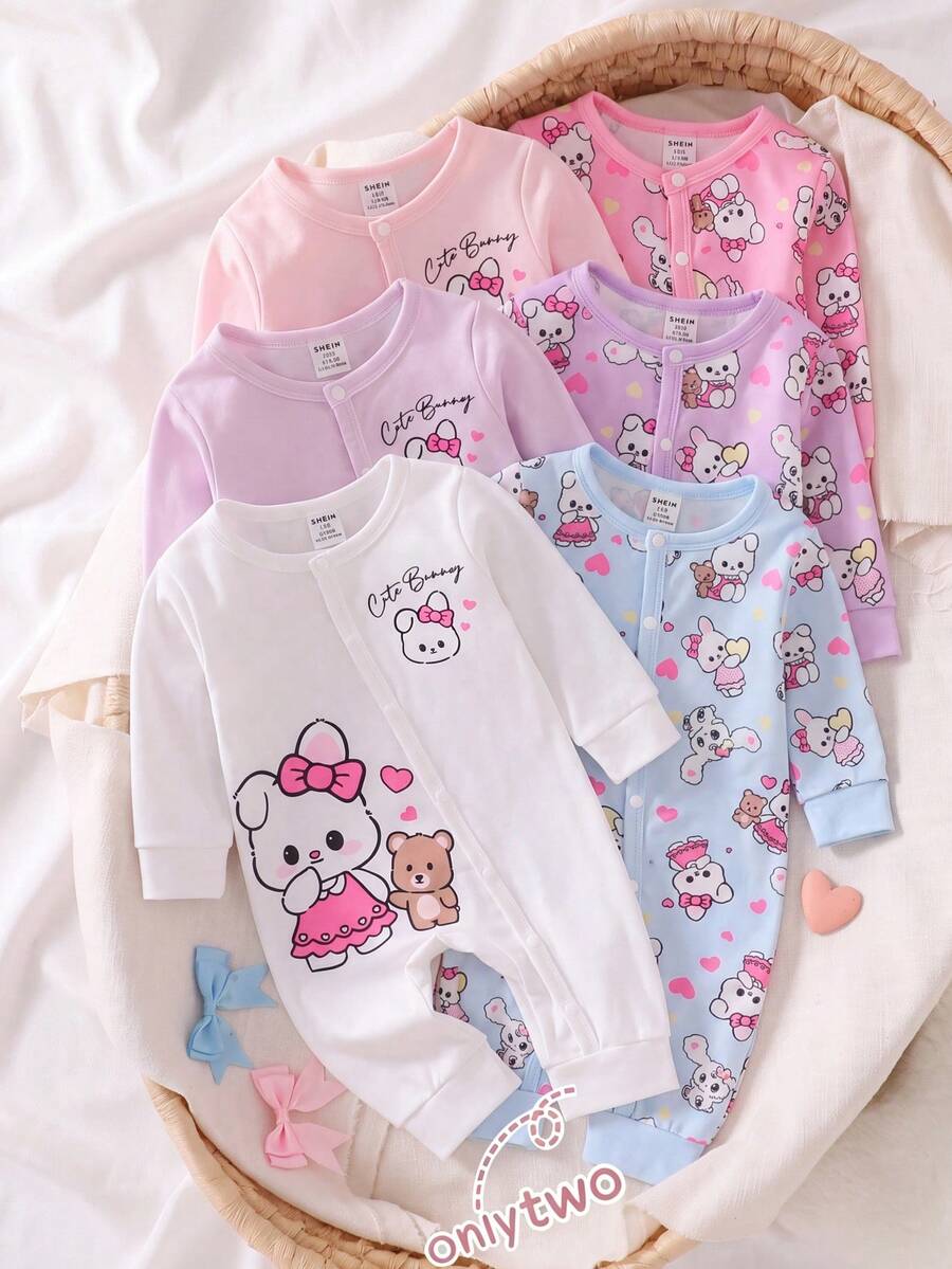 2 件套新生女婴可爱兔子卡通印花服装,长袖连体衣 - 淺藍色 - 查看 1