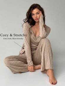 Livesso Women's Solid Color Long Sleeve Open Front Top, Camisole And Pants Loungewear Set Fall - Khaki - View 1