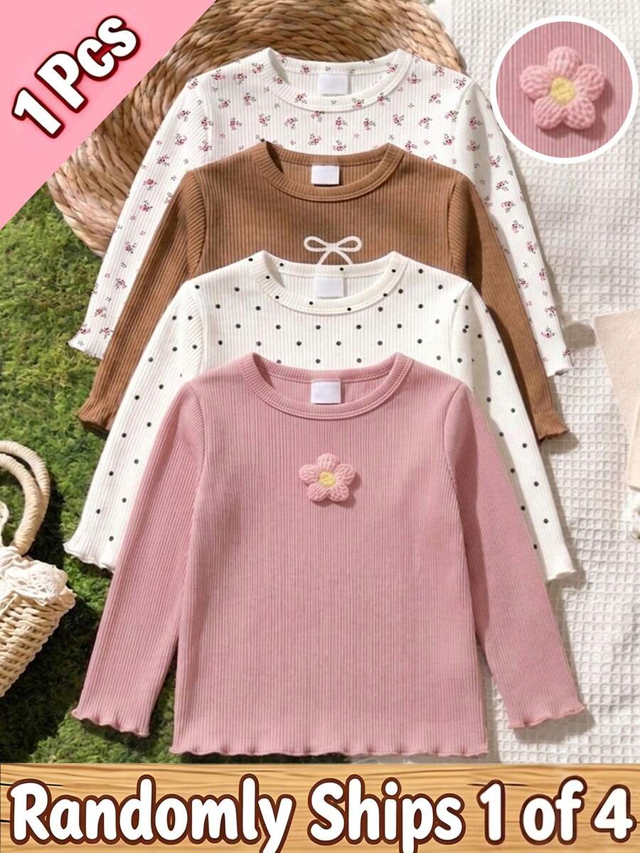 SHEIN 1件女款圓領長袖上衣,3D花朵貼花,可選粉色3D花朵、波點、咖啡色、蝴蝶結款式,垂直紋理荷葉邊下擺,修身版型,適合外出、日常穿著,春秋冬季 - 杏色 - 查看 1