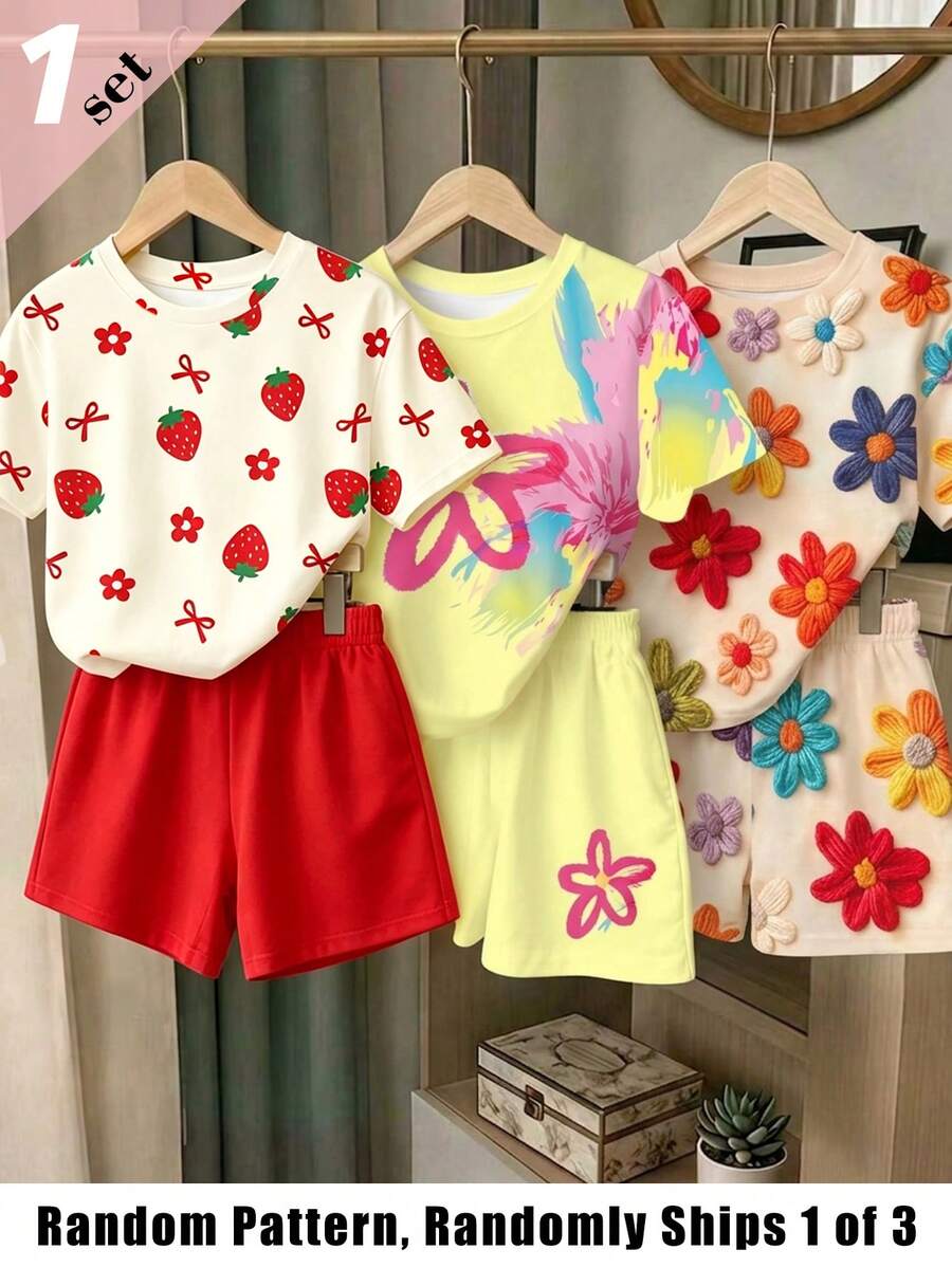 Elladie kids (Patrón Aleatorio, 1 Set Aleatorio) Camiseta Corta Básica y Pantalones Cortos con Estampado Floral Colorido, Lazo de Fresa, Fresca y Linda para Uso Diario de Niñas - Multicolor - Ver 1