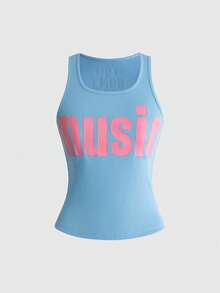ROMWE Y2K Aesthetic Letter Slogan Graphic Print Women's Tank Top - Blue - View 1