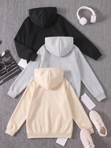 SHEIN 3件組兒童青少年男孩休閒百搭款黑色灰色卡其色多色連帽套頭衛衣，適合通勤、上學、日常休閒外出、運動，秋冬穿著 - 彩色 - 查看 2