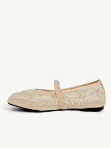 CUCCOO CHICEST 女款網布刺繡珍珠瑪麗珍平底鞋，扣環設計，通勤約會婚禮日常溫柔透氣百搭女鞋 - 米色 - 查看 4