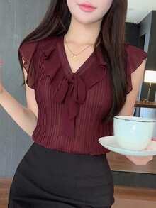 Joudiya Women's Red Short Sleeve Blouse With Ruffle Patchwork And Tie Detail, Elegant Fashion Shirt For Summer Wedding, Banquet, Party, Commute And Evening Wear - Red Violet - View 4
