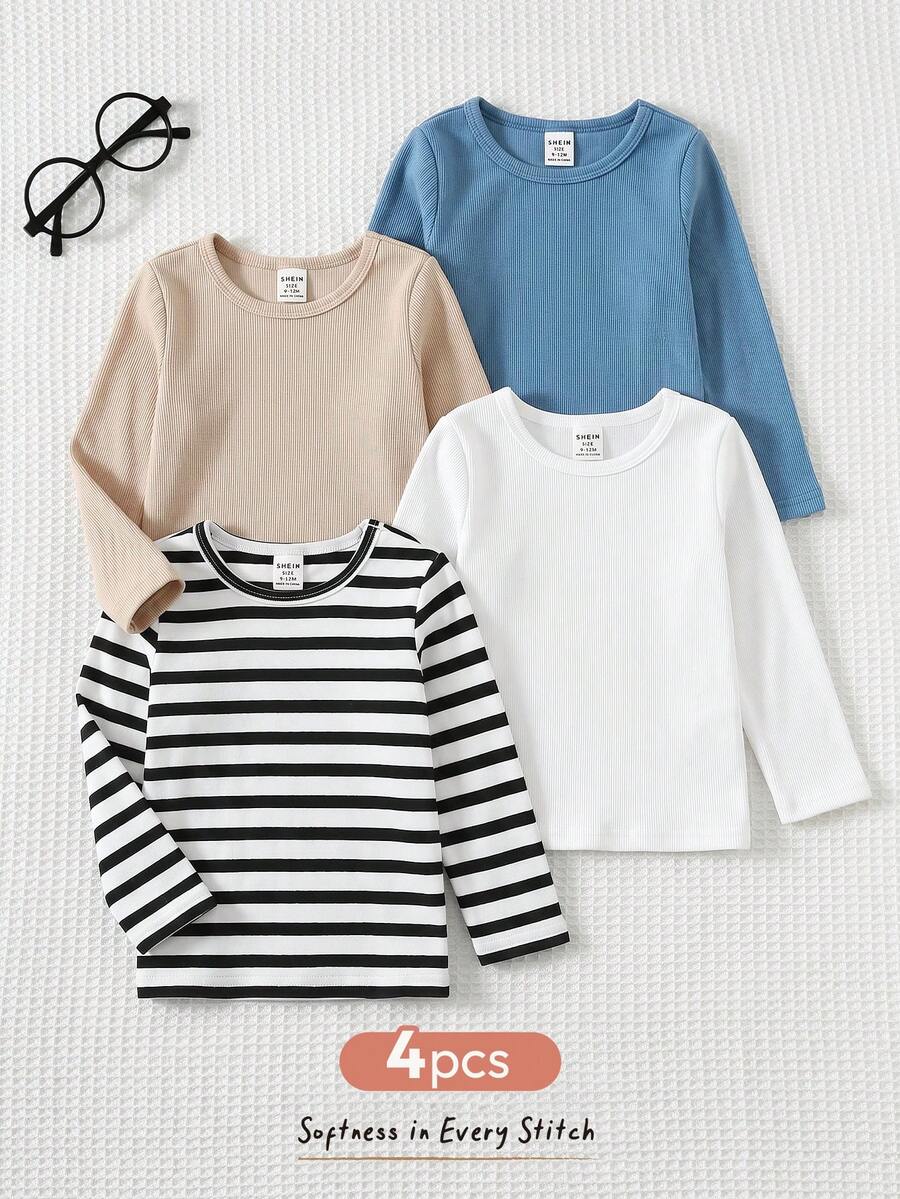 Cozy Pixies Baby Boy Baby Girl Knitted Soft Round Neck Long Sleeve Striped & Solid Color Multi-Piece Washable Pullover T-Shirt Base Layer 4-Piece Set Versatile - Multicolor - View 1