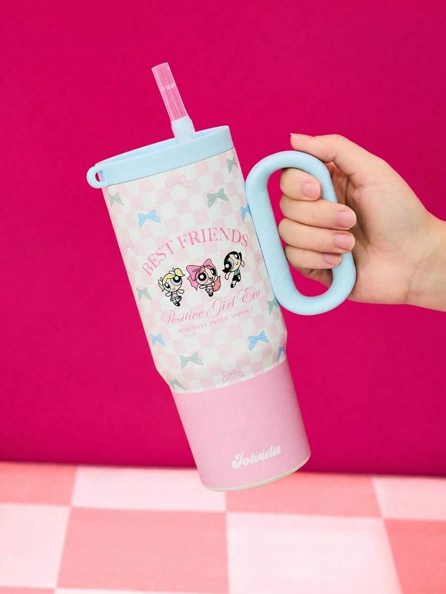 THE POWERPUFF GIRLS X Joivida 24oz 不鏽鋼保溫杯附手把與吸管,防漏保溫,適用熱飲或冷飲,適合居家、辦公室或戶外旅行 – 實用的咖啡杯與水瓶二合一 - 粉色 - 查看 1