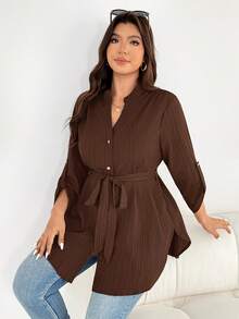 SHEIN Essnce Plus Size Casual Versatile Commute Solid Color Shirt Fall - Brown - View 5