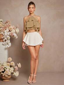 L'Amorae Summer Elegant Solid Color Ruffle Backless Halter Top, Chic, Fall, Autumn - Khaki - View 4