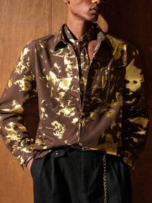 HIMLAND Luxurious Brown Shirt With Gold Metallic Abstract Print Long Sleeve Casual Button Down Top
Fashionable Long Sleeve Button Down Shirt Gold - Coffee Brown - View 2
