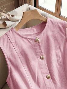 SHEIN MOD 女款無袖前開扣牛仔洋裝 - 粉色 - 查看 4