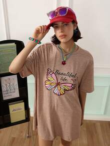 Chillnights Street Style Casual Butterfly Print Crew Neck Short Sleeve Women's Sleep Dress - Coffee Brown - View 6
