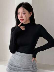DAZY 女款素色立領長袖修身百搭T恤 - 黑色 - 查看 5