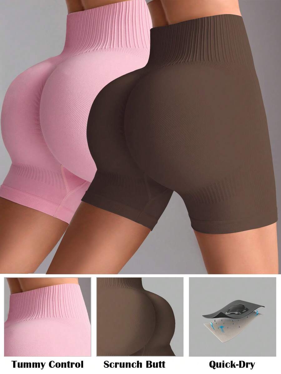 Gameset SHEIN Sport 2pcs Solid Color High Waist Seamless Sports Shorts - Multicolor - View 1