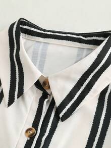 Linhara CURVE Plus Size Striped Colorblock Elegant Button Casual Long Sleeve Jumpsuit Fall - Black and White - View 3