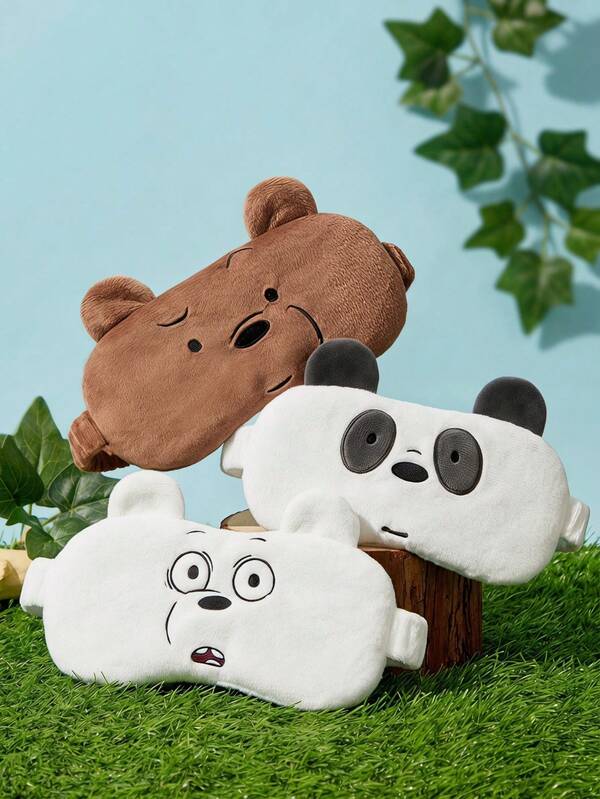 We Bare Bears X POKOJA LAND 1pc 3D Ears Cartoon Brown Bear White Bear Panda Plush Eye Mask Soft Flannel Light Blocking Sleep Eye Mask Home Travel Camping Office Napping Portable Comfortable Eye Mask, Also A Cute Companion Gift For Anniversary Or Birthday
