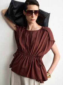 Aalyst Women's Fashion Solid Color Casual Versatile Work Essential INS Style Tie-Up Linen Shirt - Brown - View 8
