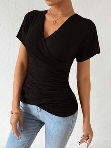 SHEIN Raffinéa Surplice Neck Ruched Side Tee - Black - View 7