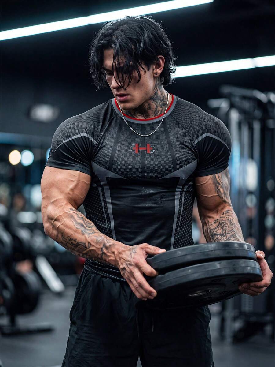GymBeat 男士條紋槓鈴圖案印花撞色圓領短袖運動T恤 - 彩色 - 查看 1