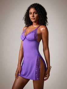 DreamPoppy 1pc Sexy Lace Trim Milk Silk Nightgown Sleepwear - Purple - View 1