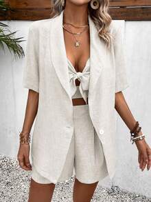 Yunfilé Women's Solid Color Bow Design Camisole, Long Sleeve Jacket And Shorts Casual Commute Suit Set - Beige - View 4