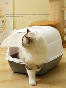 Cartoon Cat Ear Fully Enclosed Litter Box With Lid, Large Space Anti-Splash Anti-Scatter Front Filter Door, Leak-Proof Easy-Clean Litter Tray, Includes Litter Scoop, Suitable For Indoor Small And Medium Cats - one-size - View 7