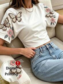 Franclia Women's Summer Casual Floral & Butterfly Print T-Shirt - White - View 5