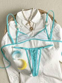 Swim SXY 夏季新款 2 件組豹紋肩帶露背上衣與丁字褲性感比基尼套裝 - 藍色 - 查看 2