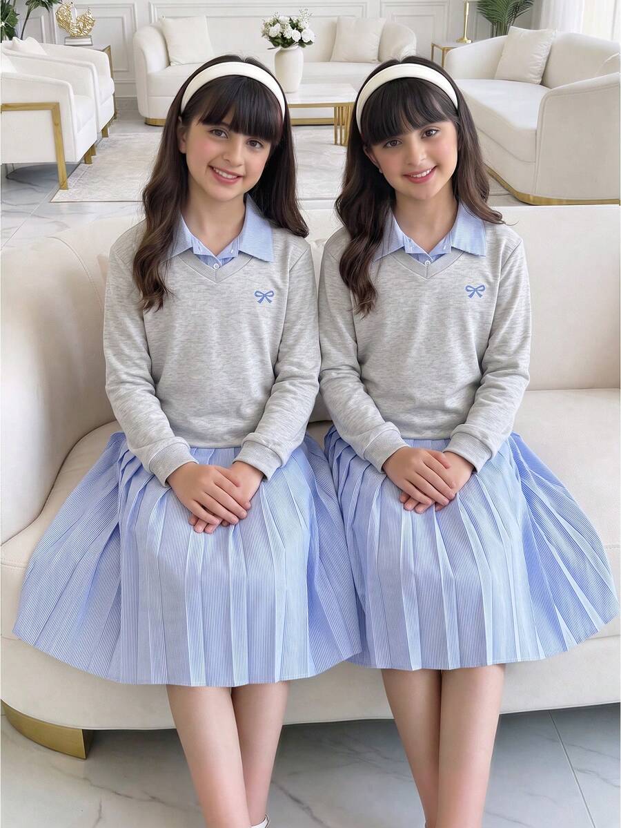 女童休閒優雅淑女風校園領口鈕扣長袖印花條紋圖案運動衫洋裝,適合日常穿著、通勤、戶外,秋冬款 - 灰色 - 查看 1