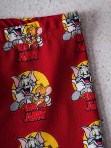 TOM & JERRY X SHEIN 女嬰字母印花圓領短袖休閒T恤與短褲休閒套裝 - 紅白色 - 查看 6