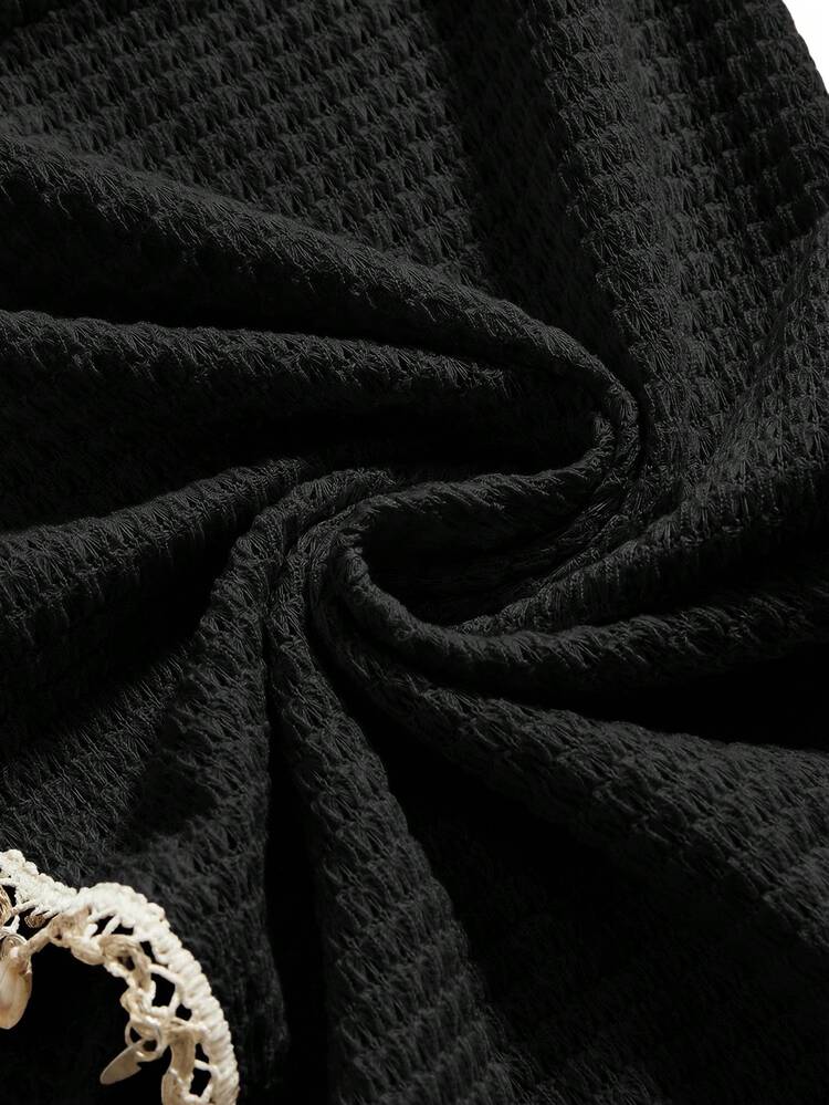 ROMWE Y2K Vacation Retro Style Shell Decor Twisted Knot Asymmetric Hem Wrap Skirt For Women - Black - View 4