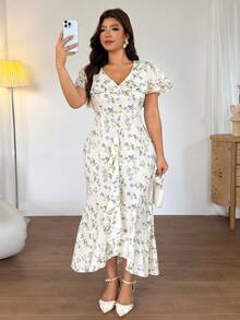 Firerie Plus Size Summer Elegant Ditsy Floral Ruffle Hem Dress Elegant Floral Print Ruffle Dress For Women Casual Vacation Daily Going Out Dress For Women - Multicolor - View 4