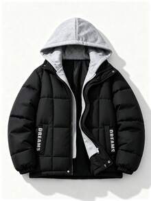 Teen Boys Fashion 2 In 1 Hooded Padded Coat, Colorblock Letter Print Zipper Loose Padded Coat, Suitable For Autumn/Winter Daily Streetwear - Black - View 1