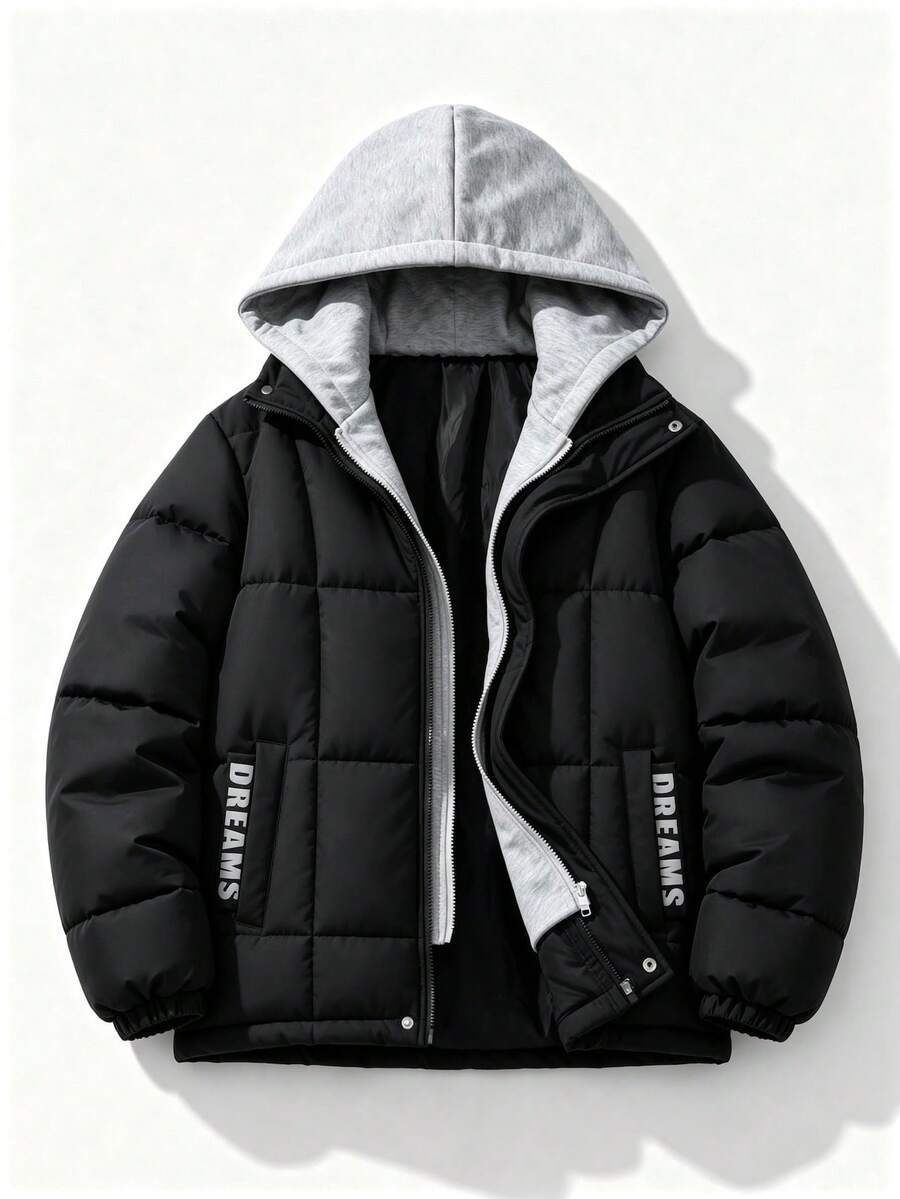 Teen Boys Fashion 2 In 1 Hooded Padded Coat, Colorblock Letter Print Zipper Loose Padded Coat, Suitable For Autumn/Winter Daily Streetwear - Black - View 1