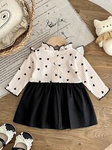 Girls' 2-Piece Style Heart Print Dress Fall Light Pink Ribbed Fabric With All-Over Little Black Hearts Ruffle Collar And Flutter Sleeves With Black Tr - Apricot - View 4