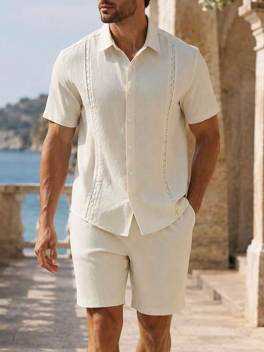 VENTUSAIL 男士夏季休闲简约度假前扣短袖衬衫和短裤套装 - 米色 - 查看 1
