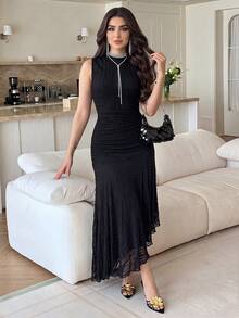 Feyla 女款純色簡約日常無袖長版晚禮服洋裝 - 黑色 - 查看 2