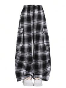 SHEIN 青少年女孩格紋彈性腰寬腿工裝褲 - 黑色 - 查看 2