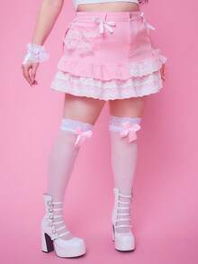 ROMWE Kawaii 大码甜美蕾丝边和蝴蝶结装饰牛仔迷你裙 - 淺粉色 - 查看 3