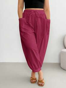 Shapeblank Plus Size Women Solid Color Drawstring Waist Casual Versatile Daily Travel Long Pants - Red Violet - View 4