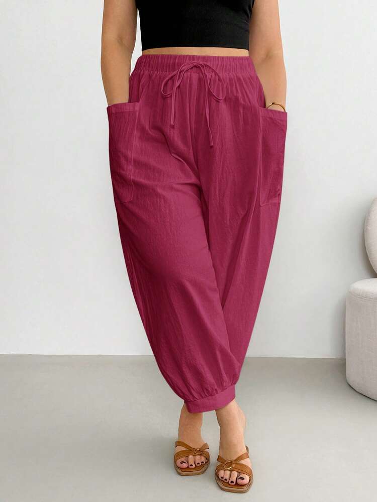 Shapeblank Plus Size Women Solid Color Drawstring Waist Casual Versatile Daily Travel Long Pants - Red Violet - View 3
