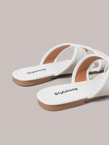 Styleloop Women Shoes Multi-Colored Canvas Splicing Square Toe Flat Bottom Cross Sandals, Simple Casual Style, Suitable For Daily Commuting, Vacation Travel - White - View 6