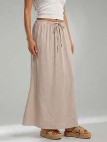 SHEIN PETITE Modischer Damen-Maxirock im Pendler-Stil in Apricot, 100% Baumwolle - Aprikosenfarben - Übersicht 3