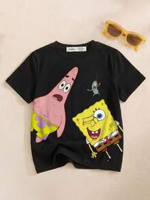 SpongeBob SquarePants | SHEIN Camiseta de manga corta con cuello redondo y estampado de dibujos animados lindos para niño, verano - Blanco - Ver 1