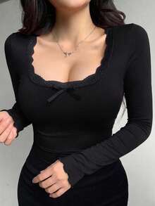 DAZY 女款休閒百搭素色蕾絲飾邊T恤 - 黑色 - 查看 6