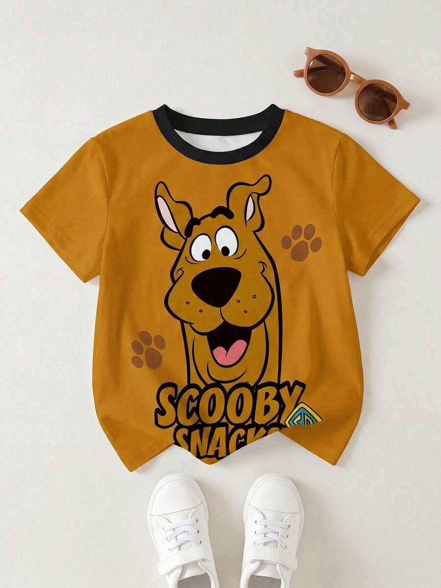 SCOOBY-DOO X SHEIN 男童休闲卡通狗与字母印花撞色领口短袖 T 恤,夏季 - 白色 - 查看 1